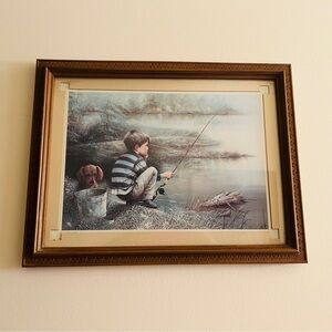 Framed Print of Boy Dog Fishing 13.5x17.5